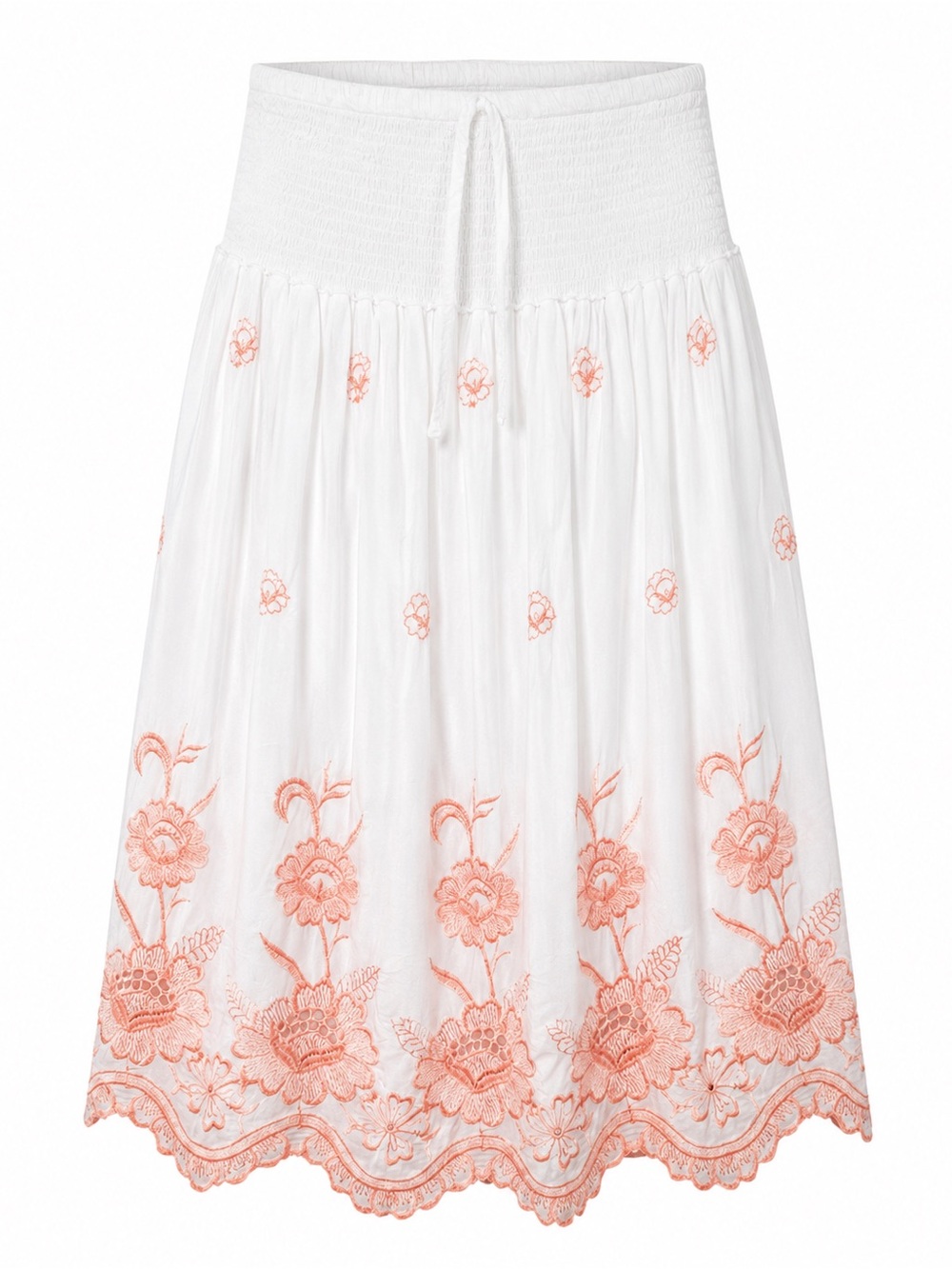 ABC White Peach Floral Embroidered Smocked Boho Midi Skirt Size Unmarked Aprx. L